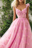 Load image into Gallery viewer, Pink Floral Thick Straps A Line Tulle Long Corset Prom Dress