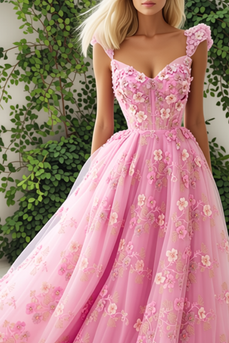 Pink Floral Thick Straps A Line Tulle Long Corset Prom Dress