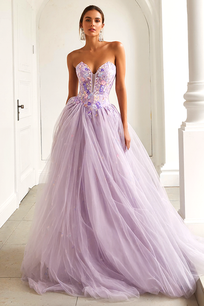 Lilac Tulle Floral A Line Sweetheart Long Prom Dress