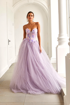 Lilac Tulle Floral A Line Sweetheart Long Prom Dress