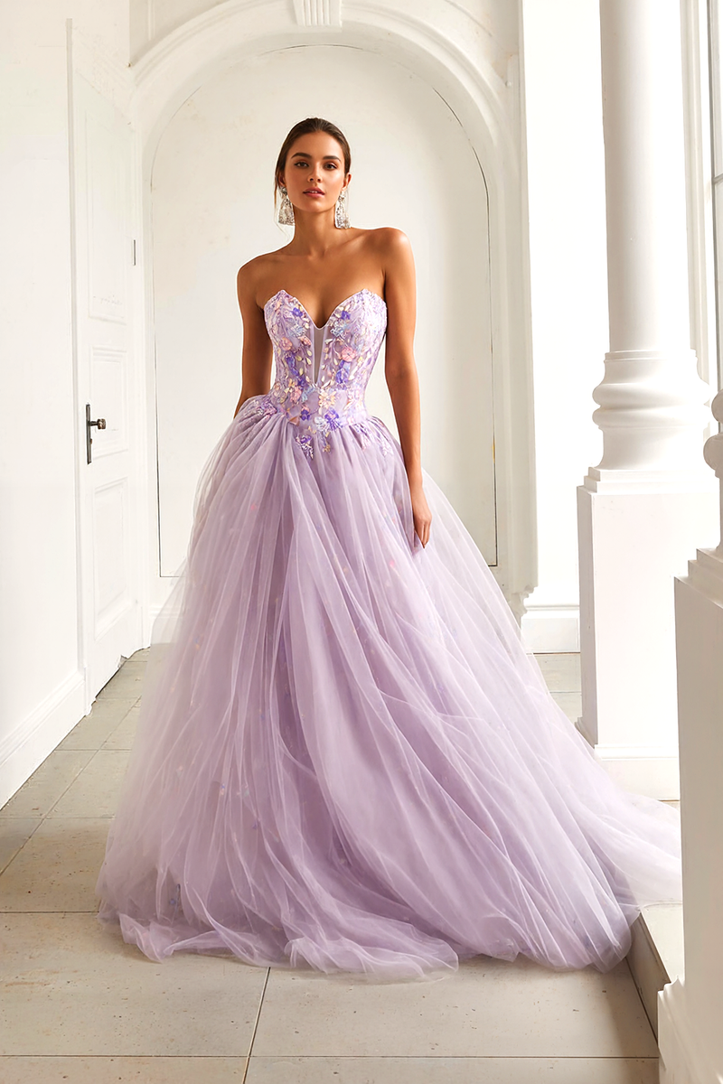 Load image into Gallery viewer, Lilac Tulle Floral A Line Sweetheart Long Prom Dress