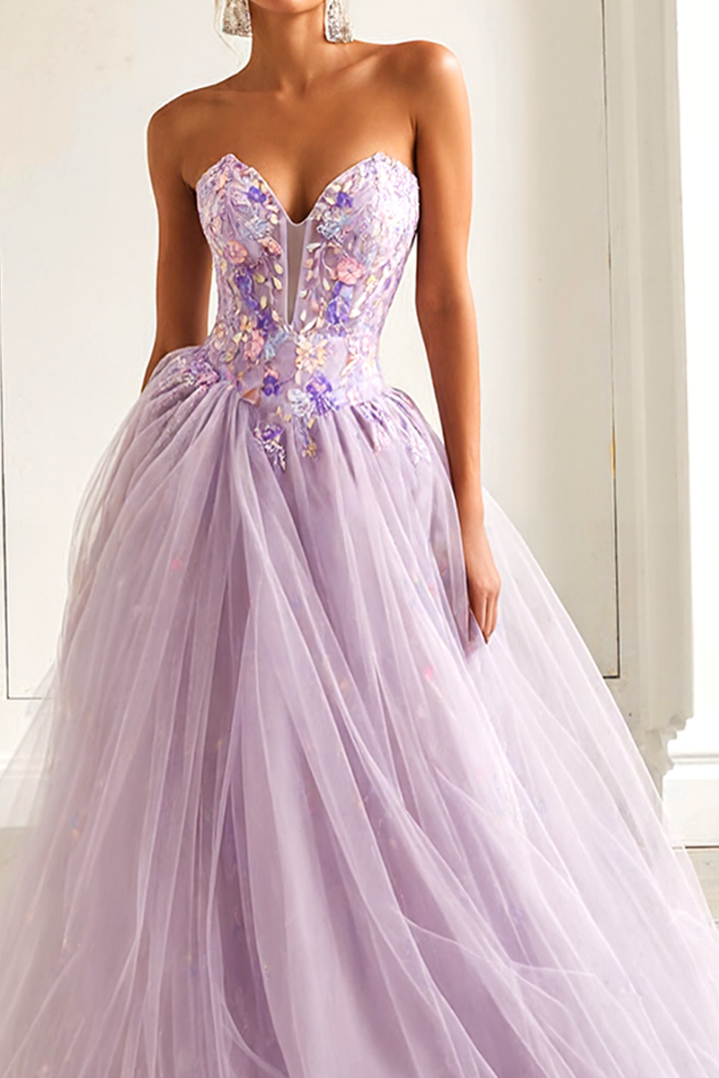 Load image into Gallery viewer, Lilac Tulle Floral A Line Sweetheart Long Prom Dress