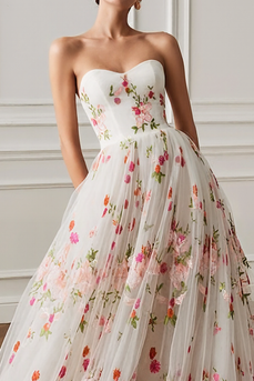 White Princess Floral Sweetheart Long Prom Dress