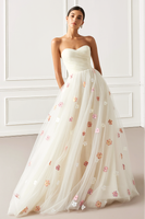 Load image into Gallery viewer, White Floral A Line Strapless Tulle Long Prom Dress