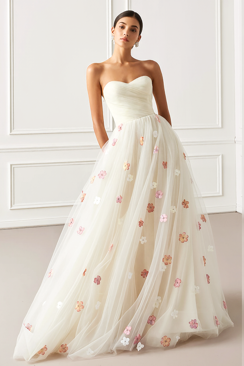 Load image into Gallery viewer, White Floral A Line Strapless Tulle Long Prom Dress