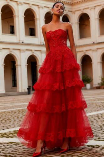 Red A Line Tiered Lace Long Prom Dress with Ruffles
