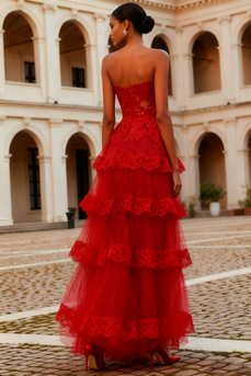 Red A Line Tiered Lace Long Prom Dress with Ruffles