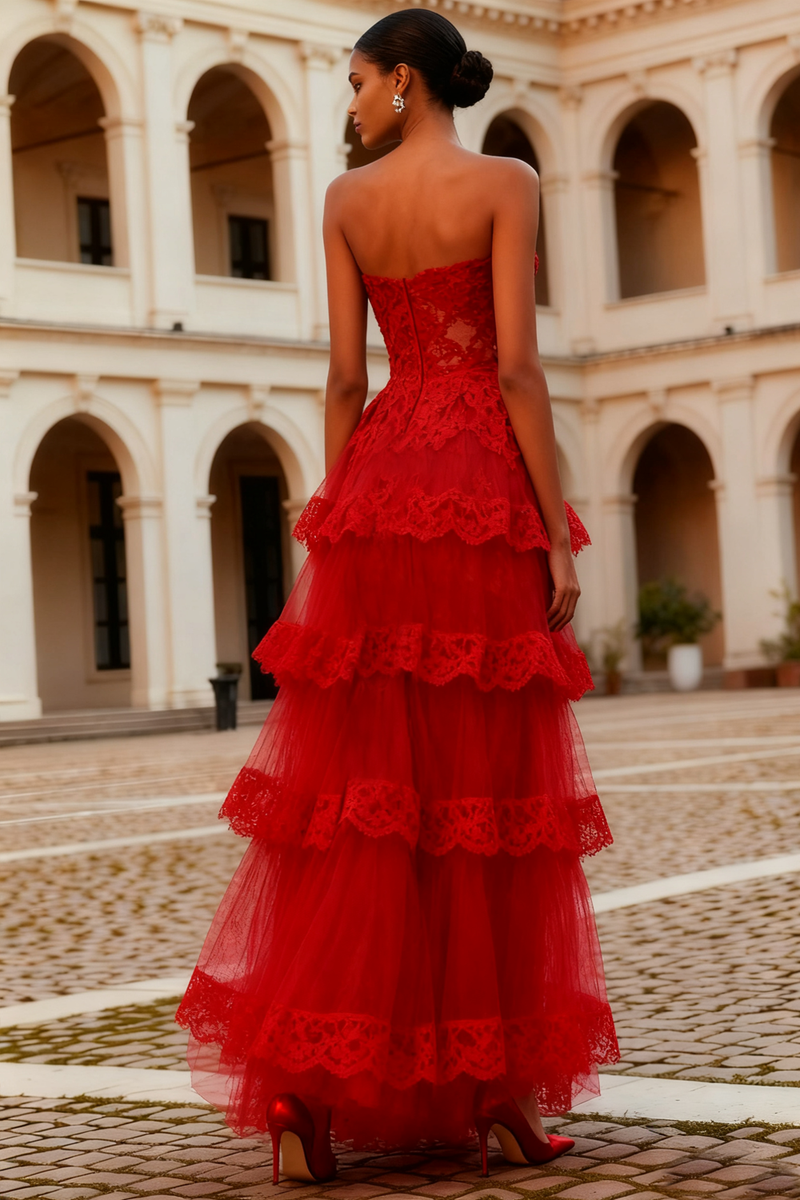 Load image into Gallery viewer, Red A Line Tiered Lace Long Prom Dress with Ruffles