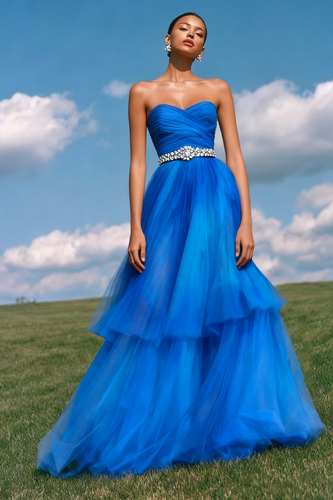 Sparkly Royal Blue A-Line Sweetheart Tiered Long Prom Dress with Beading