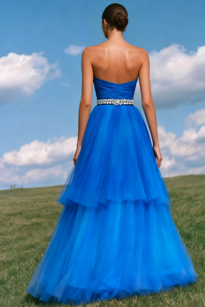 Sparkly Royal Blue A-Line Sweetheart Tiered Long Prom Dress with Beading