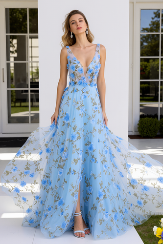 Light Blue Floral V-Neck A Line Long Prom Dress with Slit