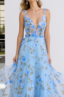 Load image into Gallery viewer, Light Blue Floral V-Neck A Line Long Prom Dress with Slit