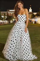 Load image into Gallery viewer, White and Black Polka Dots A-Line Tulle Sweetheart Long Prom Dress