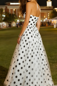 White and Black Polka Dots A-Line Tulle Sweetheart Long Prom Dress