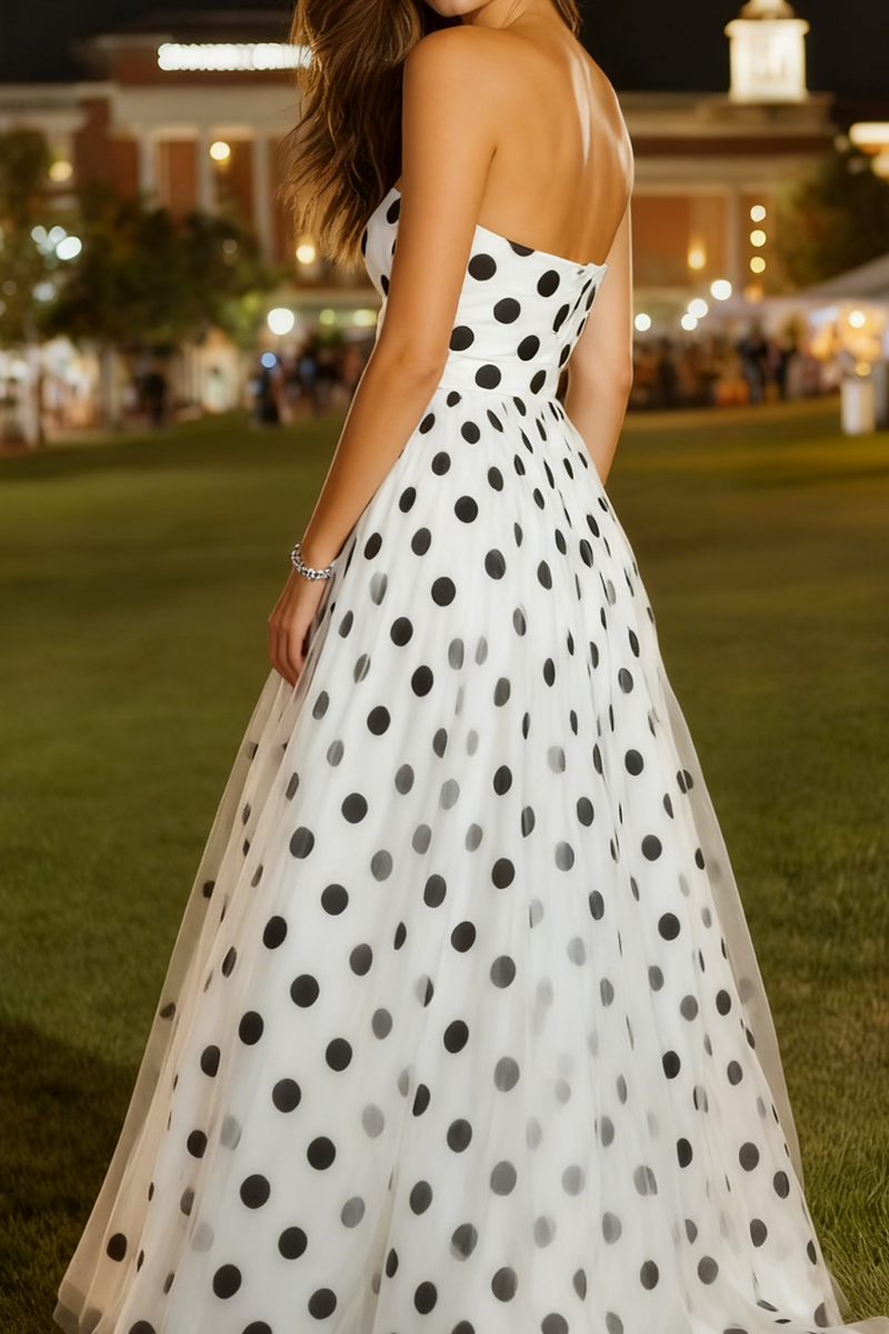 Load image into Gallery viewer, White and Black Polka Dots A-Line Tulle Sweetheart Long Prom Dress