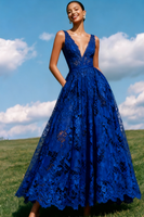 Load image into Gallery viewer, Lace Blue A-Line V-Neck Backless Long Prom Dress