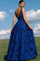 Load image into Gallery viewer, Lace Blue A-Line V-Neck Backless Long Prom Dress