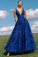 Load image into Gallery viewer, Lace Blue A-Line V-Neck Backless Long Prom Dress