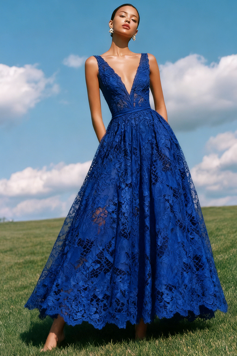 Load image into Gallery viewer, Lace Blue A-Line V-Neck Backless Long Prom Dress