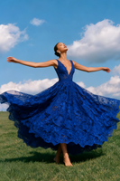 Load image into Gallery viewer, Lace Blue A-Line V-Neck Backless Long Prom Dress