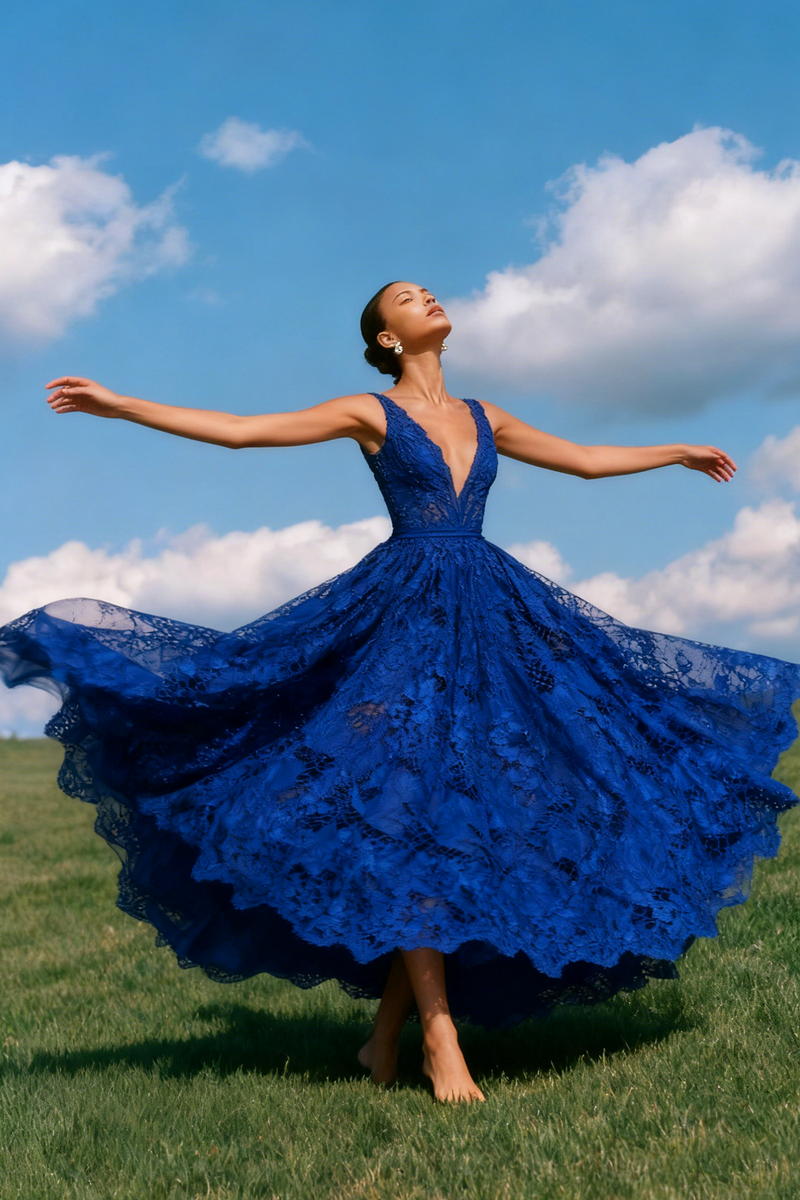 Load image into Gallery viewer, Lace Blue A-Line V-Neck Backless Long Prom Dress