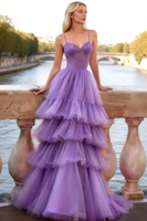 Load image into Gallery viewer, Lilac Tulle Spaghetti Straps Tiered Long Corset Prom Dress with Ruffles