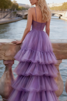 Load image into Gallery viewer, Lilac Tulle Spaghetti Straps Tiered Long Corset Prom Dress with Ruffles