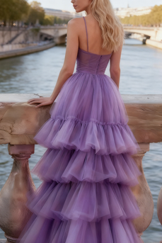 Lilac Tulle Spaghetti Straps Tiered Long Corset Prom Dress with Ruffles