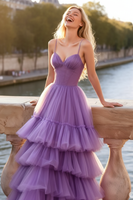 Load image into Gallery viewer, Lilac Tulle Spaghetti Straps Tiered Long Corset Prom Dress with Ruffles