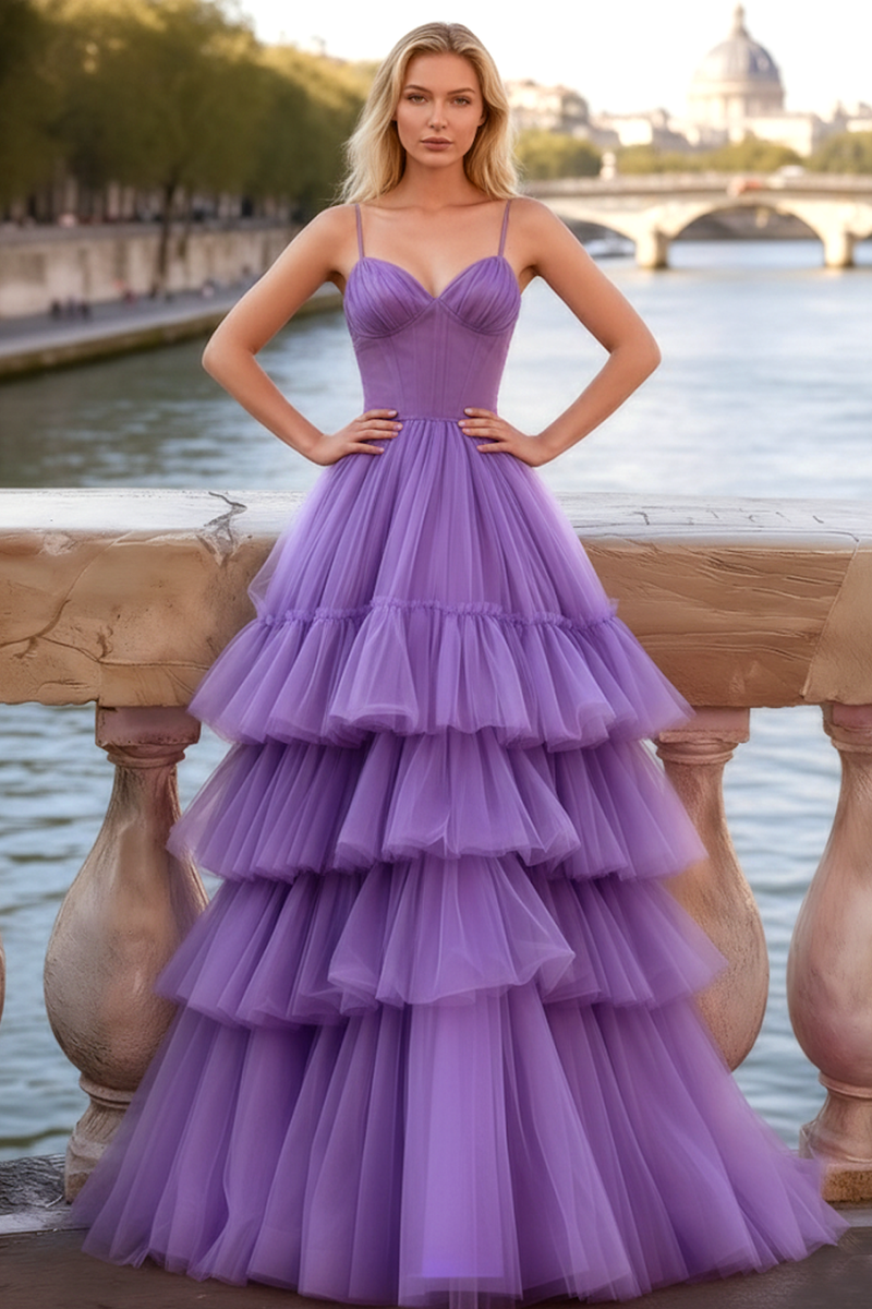 Load image into Gallery viewer, Lilac Tulle Spaghetti Straps Tiered Long Corset Prom Dress with Ruffles