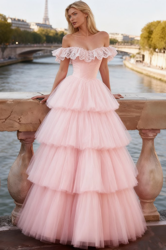 Light Pink Tiered A-Line Tulle Long Corset Prom Dress with Ruffles