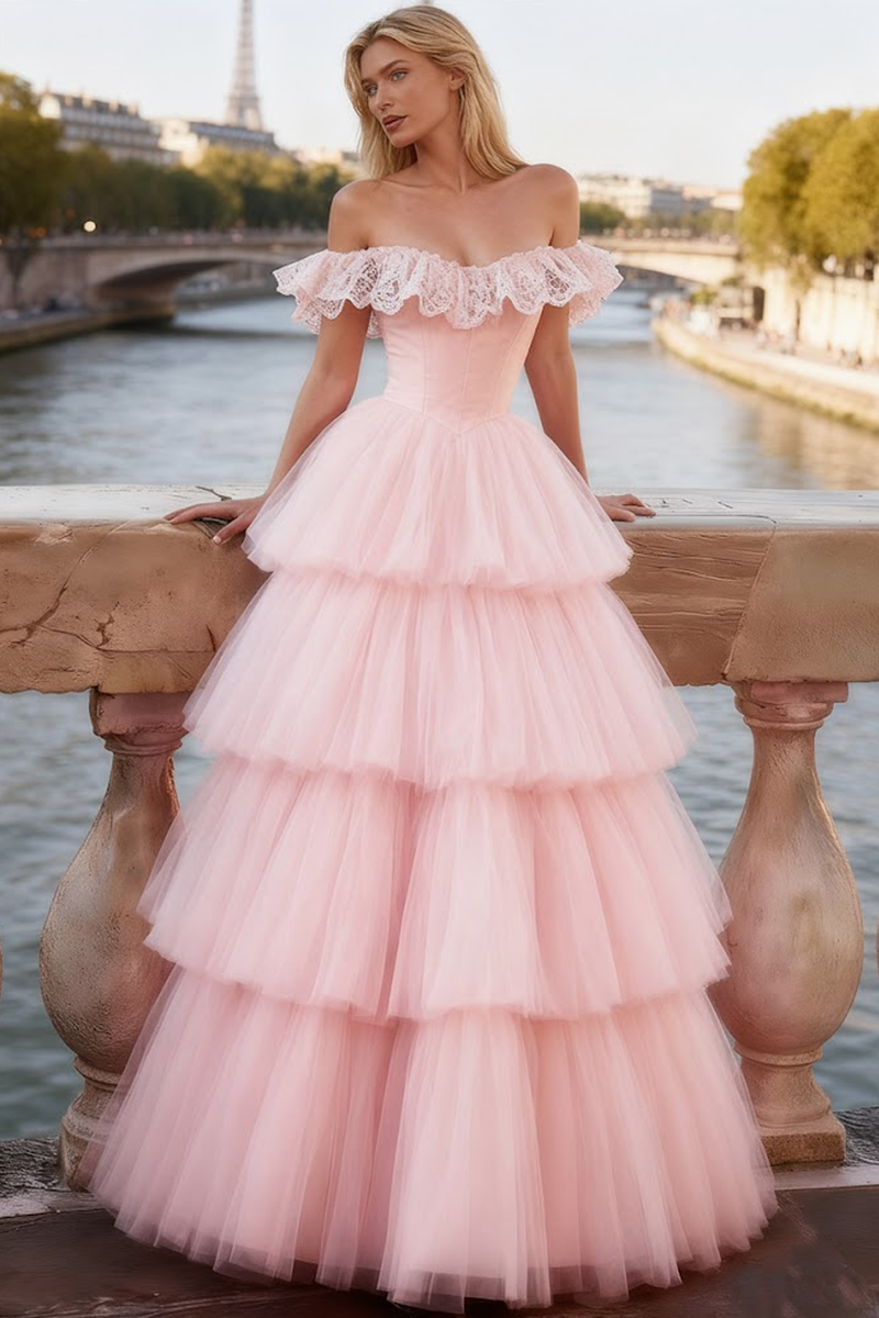 Load image into Gallery viewer, Light Pink Tiered A-Line Tulle Long Corset Prom Dress with Ruffles