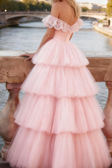 Light Pink Tiered A-Line Tulle Long Corset Prom Dress with Ruffles