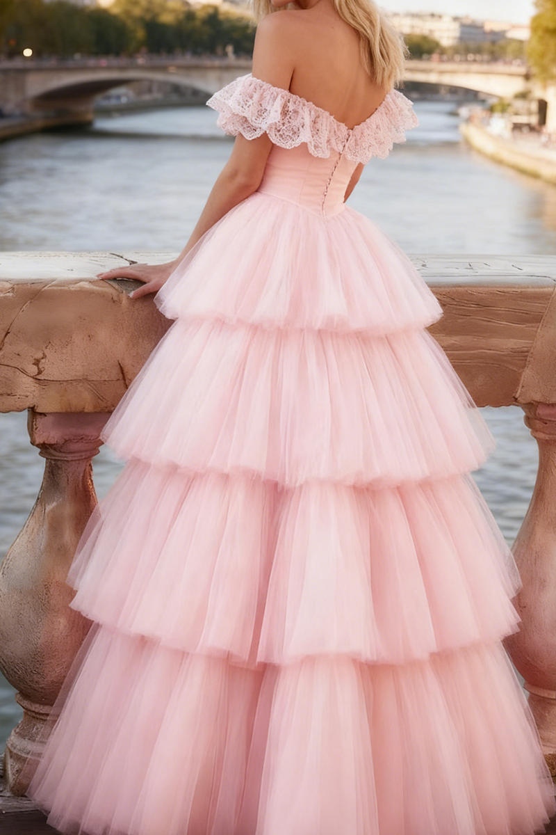 Load image into Gallery viewer, Light Pink Tiered A-Line Tulle Long Corset Prom Dress with Ruffles
