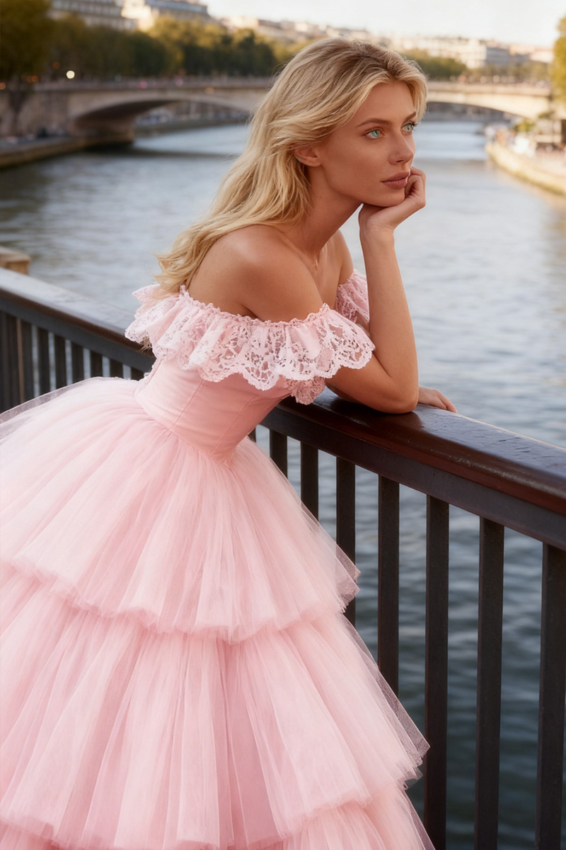 Load image into Gallery viewer, Light Pink Tiered A-Line Tulle Long Corset Prom Dress with Ruffles