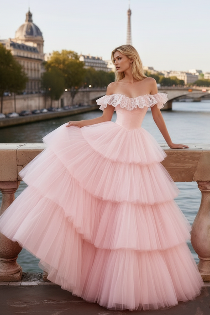 Load image into Gallery viewer, Light Pink Tiered A-Line Tulle Long Corset Prom Dress with Ruffles
