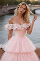 Load image into Gallery viewer, Light Pink Tiered A-Line Tulle Long Corset Prom Dress with Ruffles