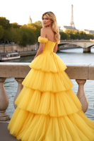 Load image into Gallery viewer, Yellow Tulle Tiered A-Line Long Corset Prom Dress with Ruffles