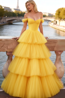 Load image into Gallery viewer, Yellow Tulle Tiered A-Line Long Corset Prom Dress with Ruffles