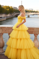 Load image into Gallery viewer, Yellow Tulle Tiered A-Line Long Corset Prom Dress with Ruffles