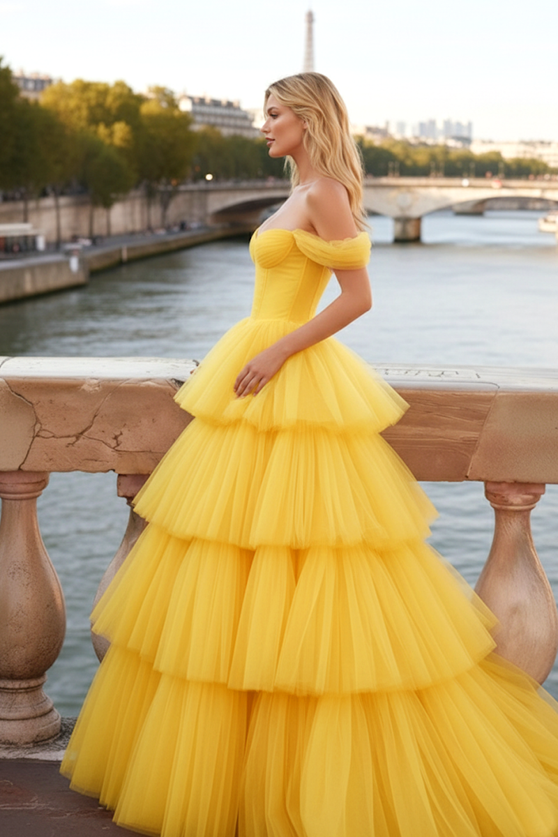 Load image into Gallery viewer, Yellow Tulle Tiered A-Line Long Corset Prom Dress with Ruffles