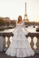 Load image into Gallery viewer, White Lace Corset Long Sleeve Bridal Dress with Ruffles