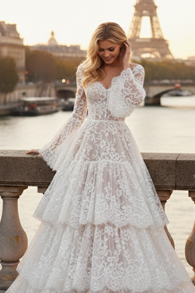 Load image into Gallery viewer, White Lace Corset Long Sleeve Bridal Dress with Ruffles