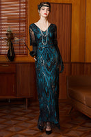 Load image into Gallery viewer, Sparkly Black and Blue Sheath Beaded Long Flapper Dress with Lace