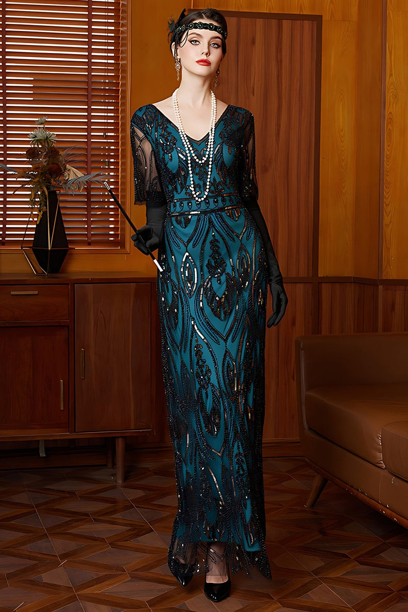 Load image into Gallery viewer, Sparkly Black and Blue Sheath Beaded Long Flapper Dress with Lace