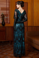 Load image into Gallery viewer, Sparkly Black and Blue Sheath Beaded Long Flapper Dress with Lace