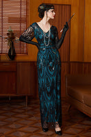 Load image into Gallery viewer, Sparkly Black and Blue Sheath Beaded Long Flapper Dress with Lace