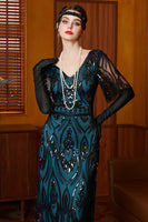 Load image into Gallery viewer, Sparkly Black and Blue Sheath Beaded Long Flapper Dress with Lace