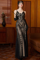 Load image into Gallery viewer, Sparkly Black Apricot Mermaid Spaghetti Straps Long Flapper Dress