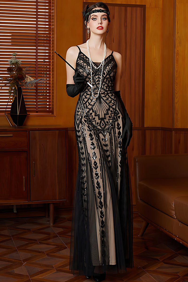 Load image into Gallery viewer, Sparkly Black Apricot Mermaid Spaghetti Straps Long Flapper Dress